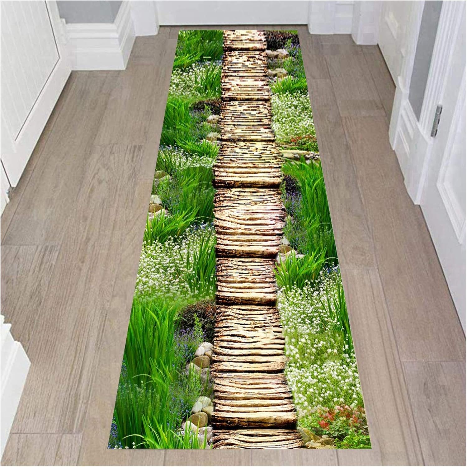 3D Path Runner Rug for Hallway, Green Entrance Mat with Anti Slip Backing, Washable Carpet for