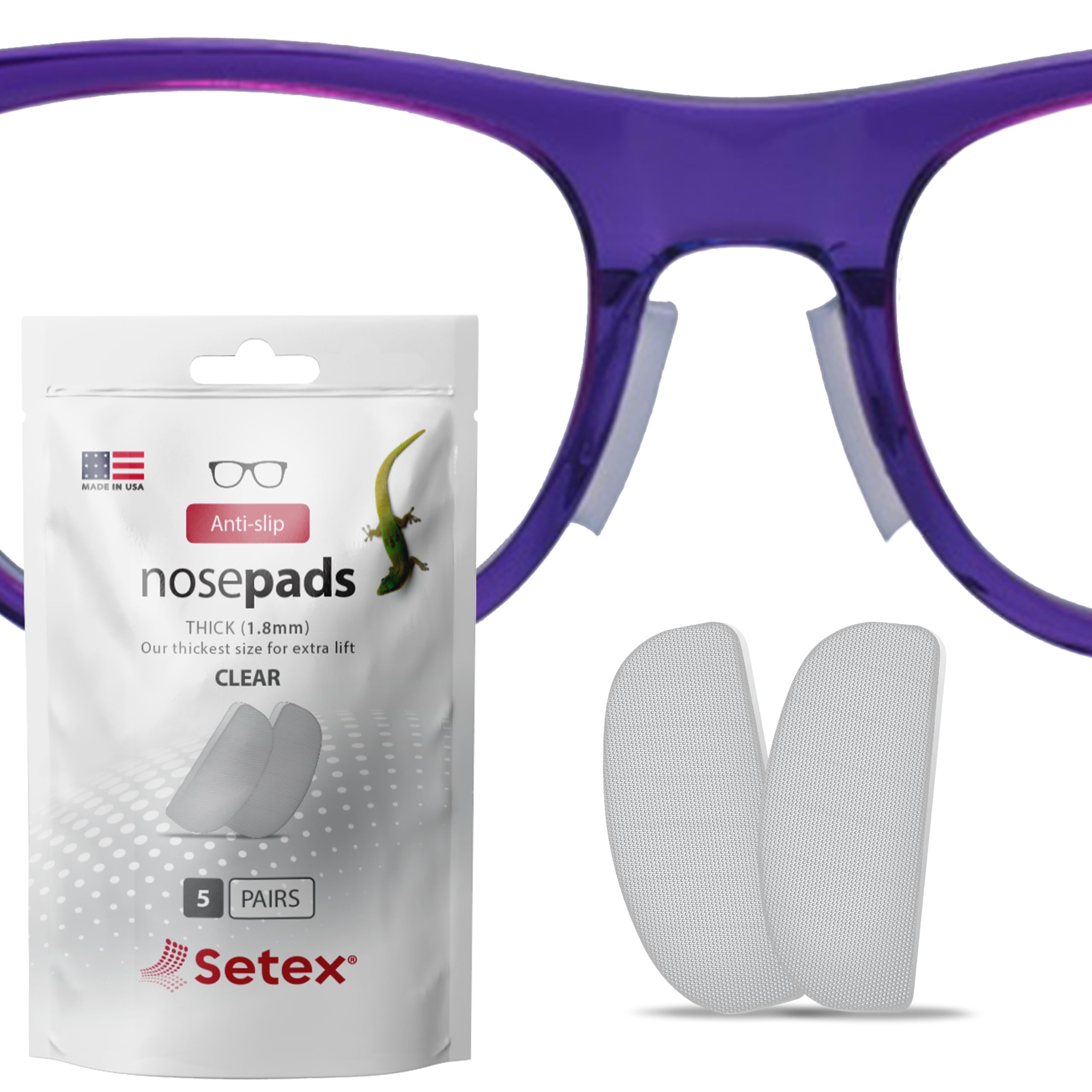 Setex Gecko Grip 1.8mm Anti-Slip Nose Pads for Glasses, (5 Clear Pair) Innovative Micro-Structured Fibers
