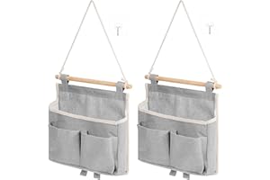 GARVALON 2pcs Gray Wall Hanging Organizer Bags with Multiple Pockets, Hanging Storage Baskets for Bedroom,