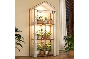 Bamworld Mini Greenhouse with Grow Light Plant Stand for Mutiple Pots Outdoor 3-Tierd Reusable Portable Warm House with PE Co