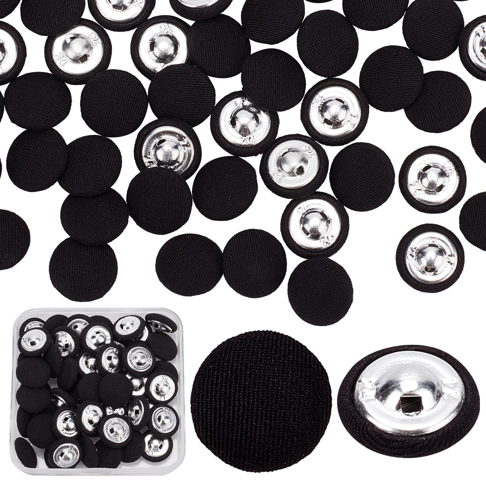 GORGECRAFT 50PCS Cloth Shank Buttons Round Shaped Sewing Button Women Suit Woolen Coat Male Jacket Shirt Trousers Fabric Cloth Covered Overcoat Garment Fastener Accessories, Black