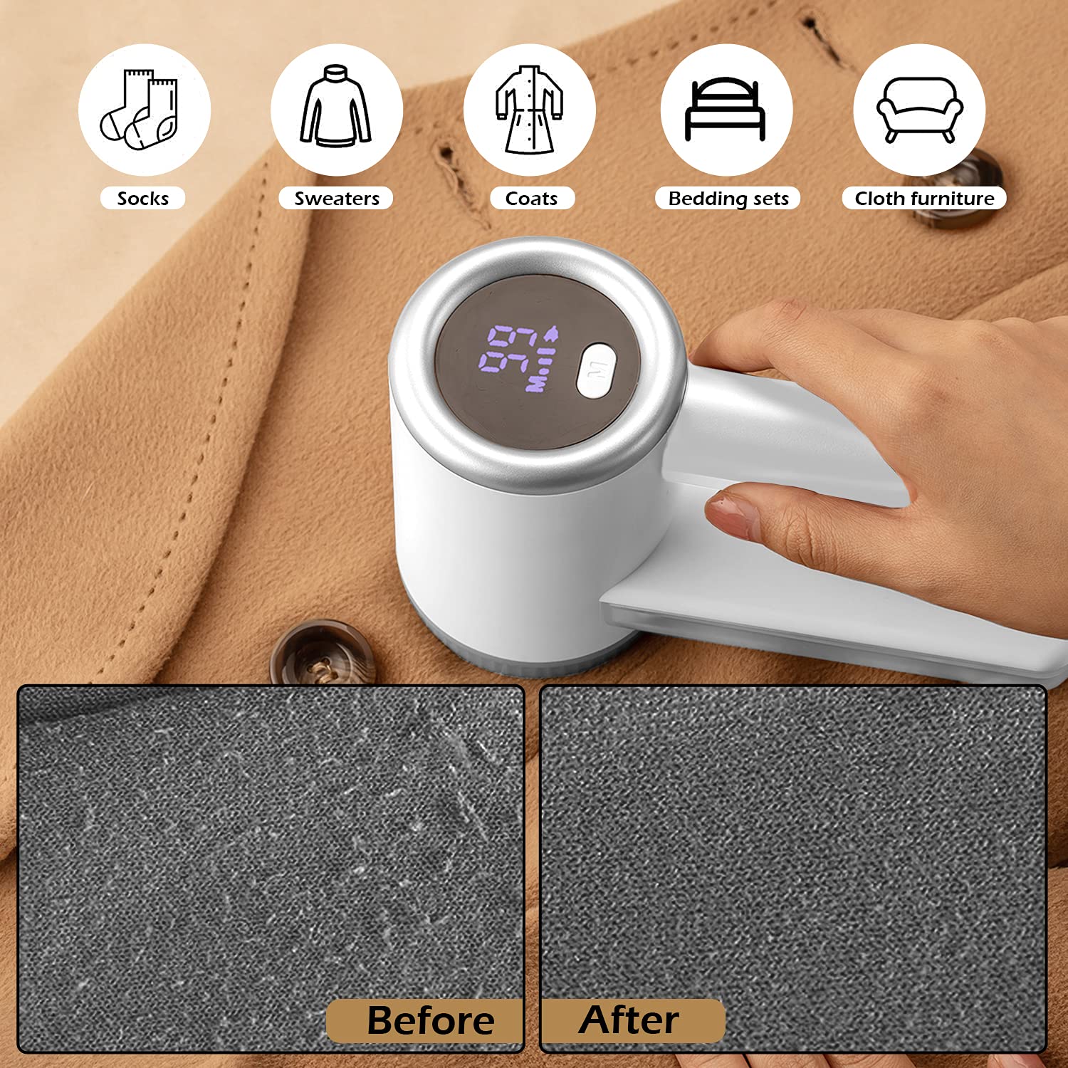 iRUNTEK Rechargeable Fabric Shaver, Electric Commercial Lint Remover with LED Display & Big Trash Box, 3-Speeds for Removing Fuzz and Pill from Clothes, Furniture, Sweater, Couch and Blanket, Silver