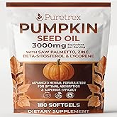 PURETREX Pumpkin Seed Oil Complex 3000mg with Saw Palmetto, Beta-Sitosterol, Zinc & Lycopene – 180 Vegan Softgels | Prostate, Hair Growth & Hormonal Balance Support | Cold-Pressed, Non-GMO, Lab Tested
