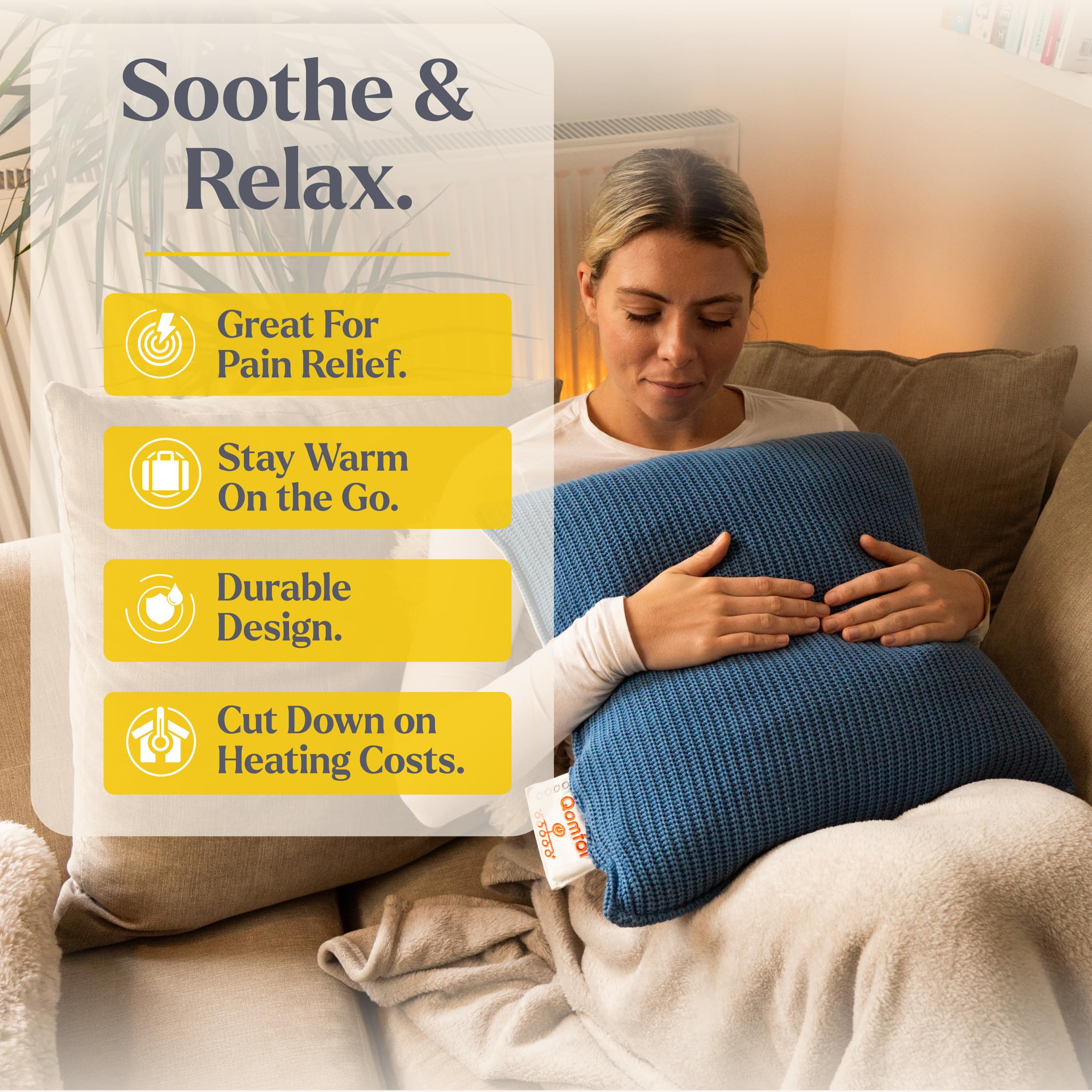 Qomfor Wärmekissen | 5 Wärmestufen & Batteriestandsanzeige | Wärmekissen Kabellos mit gemütlich gestricktem Bezug & Magnetischem Ladekabel | Tragbar & Waschbar | Beheizbares Kissen (Blau - 42x42cm) 3