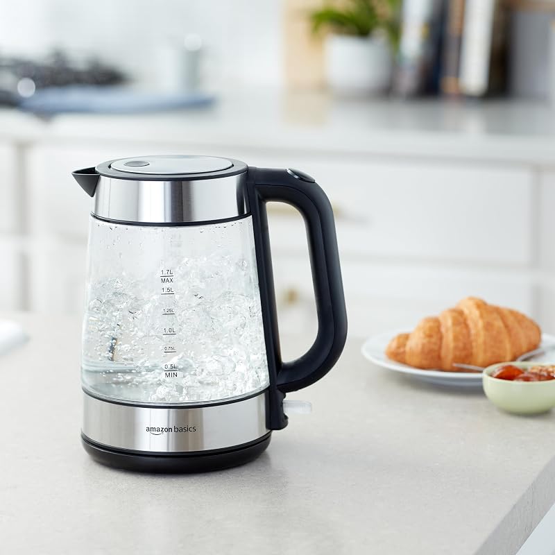 Chaleira elétrica de vidro, 1.7 l, 2200W, Preto, Prateado