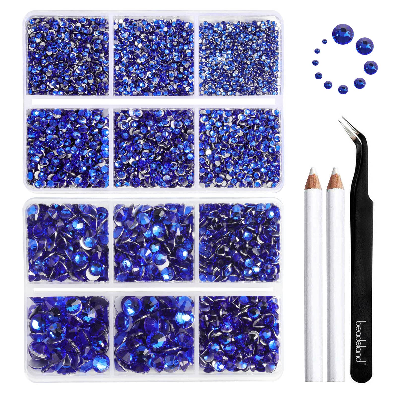 Beadsland 8300PCS Flatback Rhinestones, Royal Blue Rhinestone Nail Gems Round Crystal Rhinestones for Crafts, Mixed 10 Sizes with Wax Pencil and Tweezer Kit, SS3-SS30, Sapphire