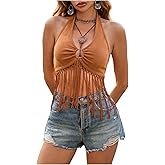 OYOANGLE Women's Boho Ring Linked Fringe Trim Halter Top Sleeveless Open Back Cropped Tops