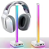 EZDIY-FAB USB LED Light Bar Headphones Stand, Desktop Atmosphere RGB Backlight,50 Built-in Color Modes, Headphone Holder for Gamers Gaming PC Accessories Desk- White- 1 Pack