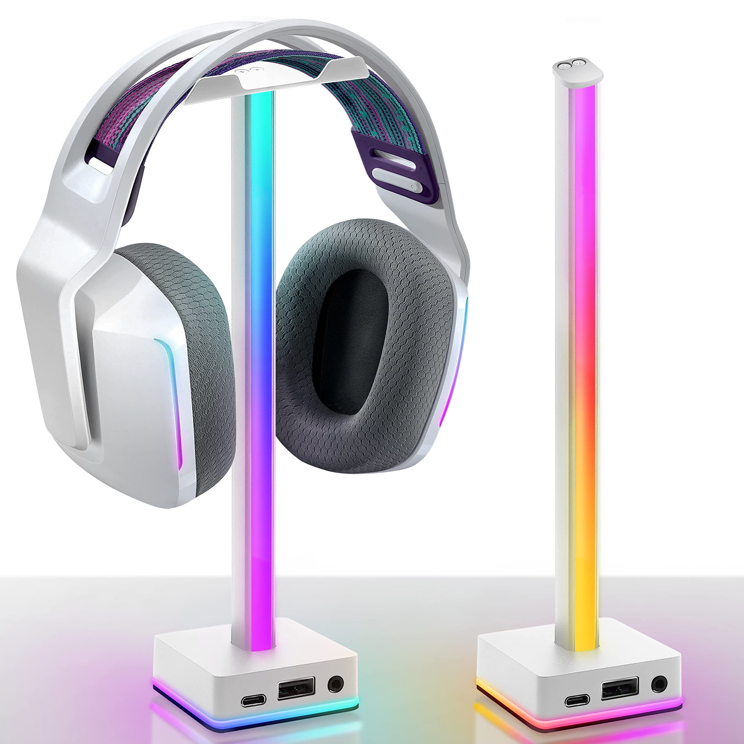 Photo 1 of EZDIY-FAB USB LED Light Bar Headphones Stand, Desktop Atmosphere RGB Backlight,50 Built-in Color Modes, Headphone Holder for Gamers Gaming PC Accessories Desk- White- 1 Pack