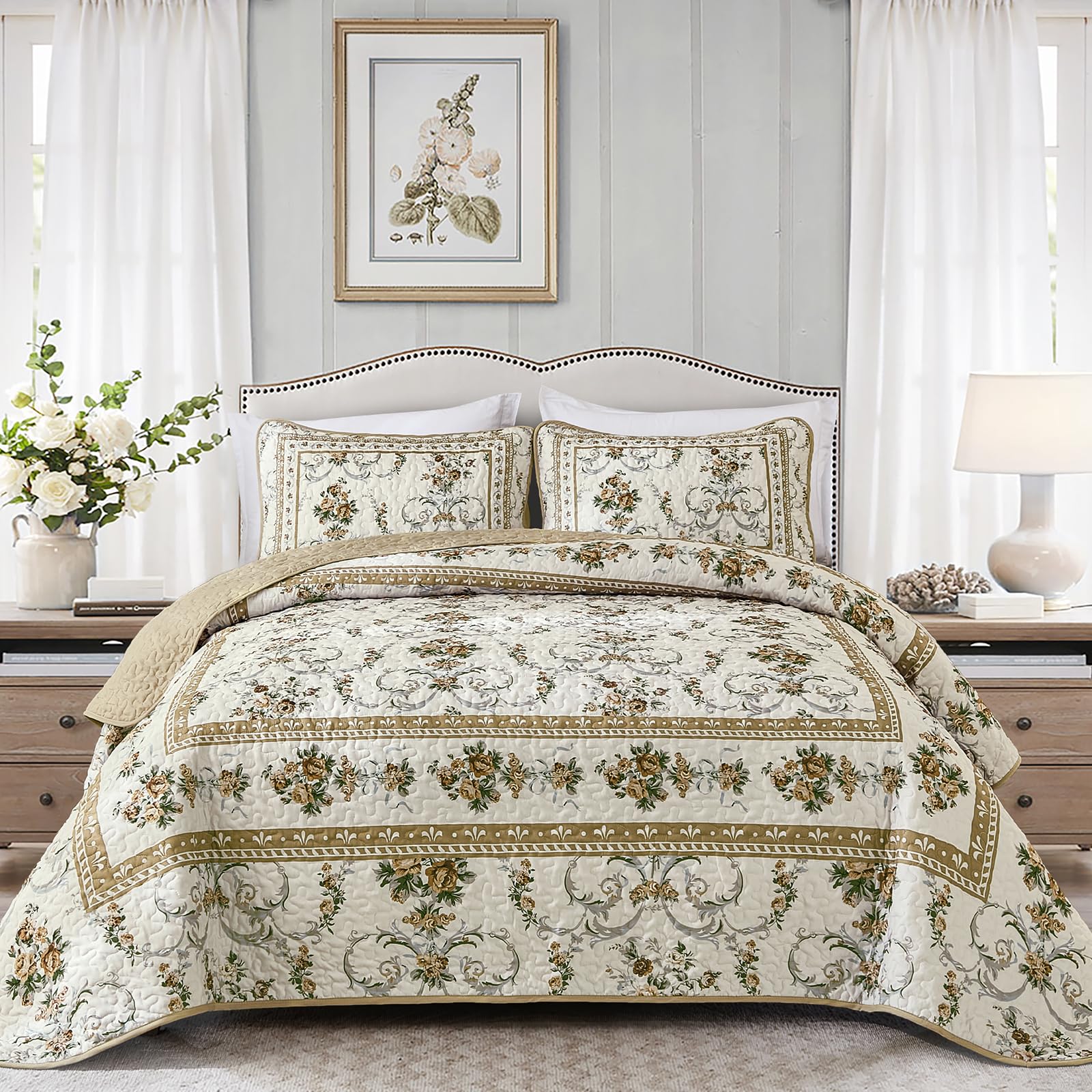 Photo 1 of Anibedding Floral Quilt Set King Size, Retro Brown Flower Pattern Quilts Bedspread,Soft Microfiber Lightweight Bed Cover for All Season(King, 104"x90")