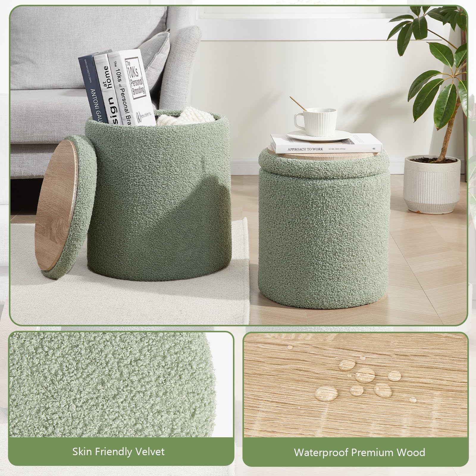 Royal Windsor Boucle Round Ottoman with Storage Set of 2,Small Foot Stool Ottoman for Living Room, Ottoman Coffee Table,Vanity Stool with Storage for Bedroom, Green - Image 6