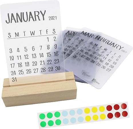 Amazon 21 ミニクリア透明12ヶ月デスクカレンダー 木製スタンドと透明カラードット付き 21年1月 21年12月 カレンダー 文房具 オフィス用品
