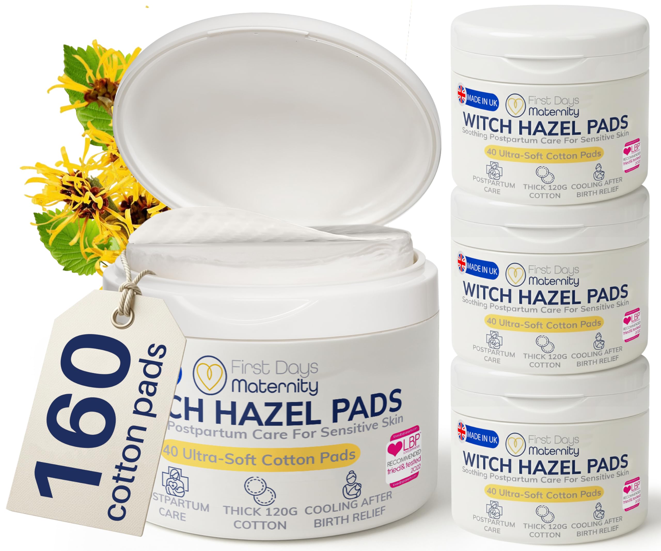 First Days Maternity Witch Hazel Pads, Cotton Rounds for Postpartum and General Use, Round, 8 cm Diameter, 120 GSM Thickness, Pack of 4 Tubs, 160 Pads (40 Per Tub)