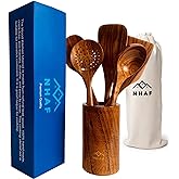 NHAF Premium Teak Healthy Spoons, Durable Eco-friendly Spatula, Wooden Utensils Set with Holder & Canvas Bag, Wooden Cooking Gifts for Mom