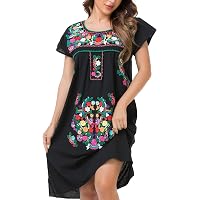 Higustar Women's Mexican Embroidered Dress - Bohemian Peasant Maxi Dress Plus Size
