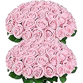 BLEUM CADE 50 Pcs Pink Roses Artificial Flowers, Real Touch Velvet Roses Bouquet Fake Flowers Bulk, Artificial Roses with Long Stems for Valentines Day Gift DIY Bridal Wedding Centerpiece Decorations