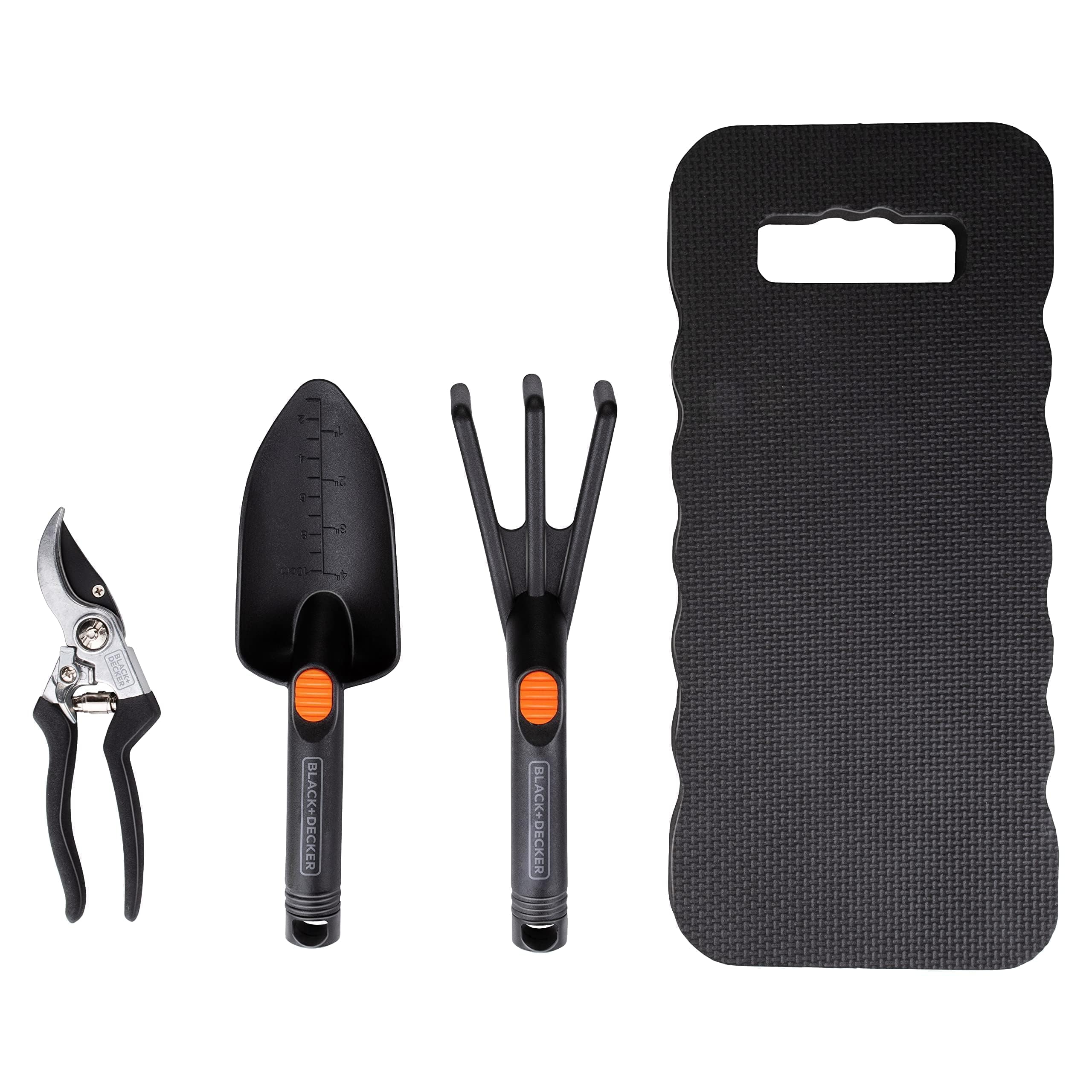 BLACK+DECKER Garden Tool Set 4 Pieces - Knee Pads, Secateurs, Shovel and Garden Claw - 13 mm Cutting Capacity - Black/Orange