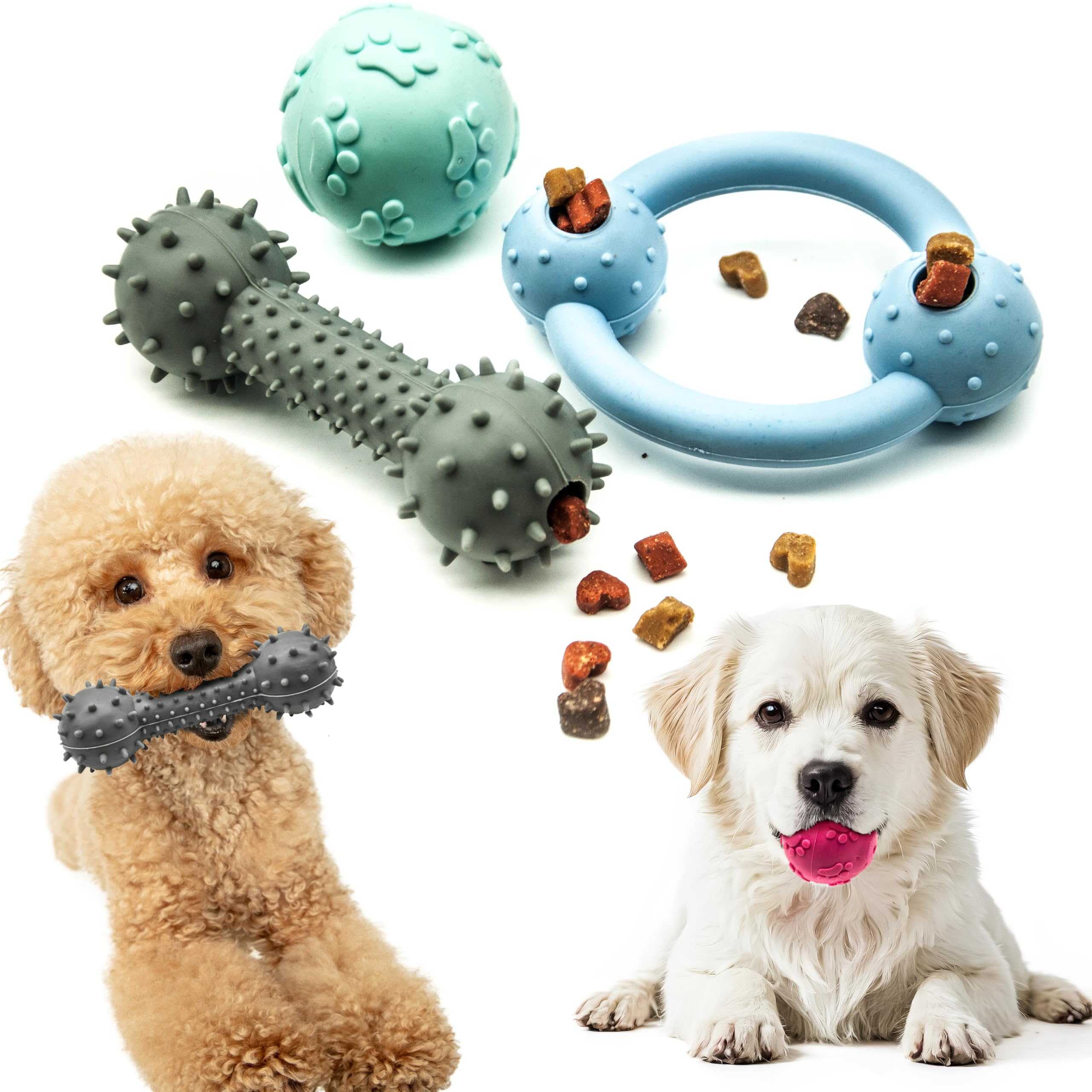 Petopedia Set of 3 – PUPPY TOYS, Chews, Squeaky Dog Balls Rubber – Treat Dispensing, Pup Teething Toy, Chew Bone – Interactive, Boredom Dogs Gifts & Presents – Ideal for Puppies (Blue)