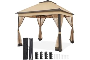 Yaheetech 11x11 Pop Up Gazebo Outdoor Canopy Shelter, Instant Patio Gazebo Sun Shade Canopy Tent with 4 Sandbags, Double Tiers & Mesh Netting for Lawn, Garden, Backyard & Deck, Khaki