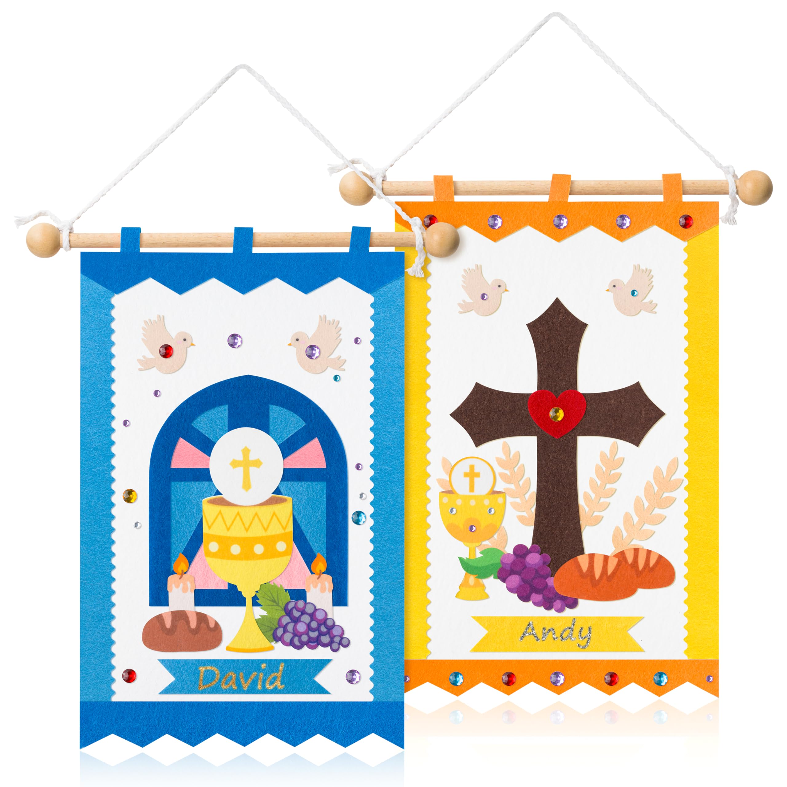 Photo 1 of WATINC First Communion Banner Kit - 2 Set Holy 1st Communion Felt Banner Kit Make Your Own Baptism Christian Cross DIY Craft Decorations, Sunday School Church Hanging Crafts Supplies for Girls (Blue)