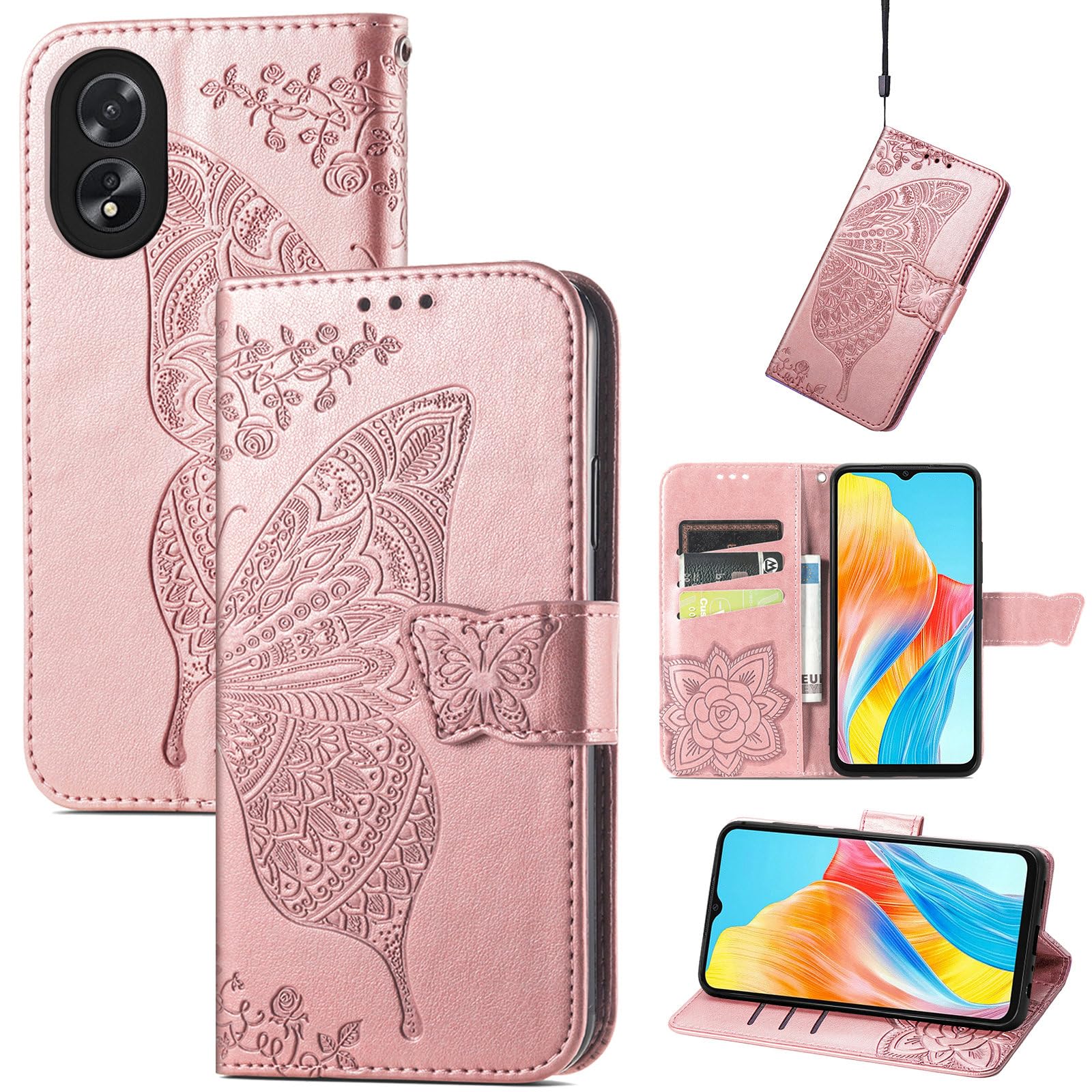JIUNINE Case for OPPO A38 4G / OPPO A18 4G, Leather Wallet Case Flip Cover with Butterfly Embossed Pattern [Card Holder] [Magnetic Closure] [TPU Inner Shell] for OPPO A38 4G / OPPO A18 4G, Rosegold