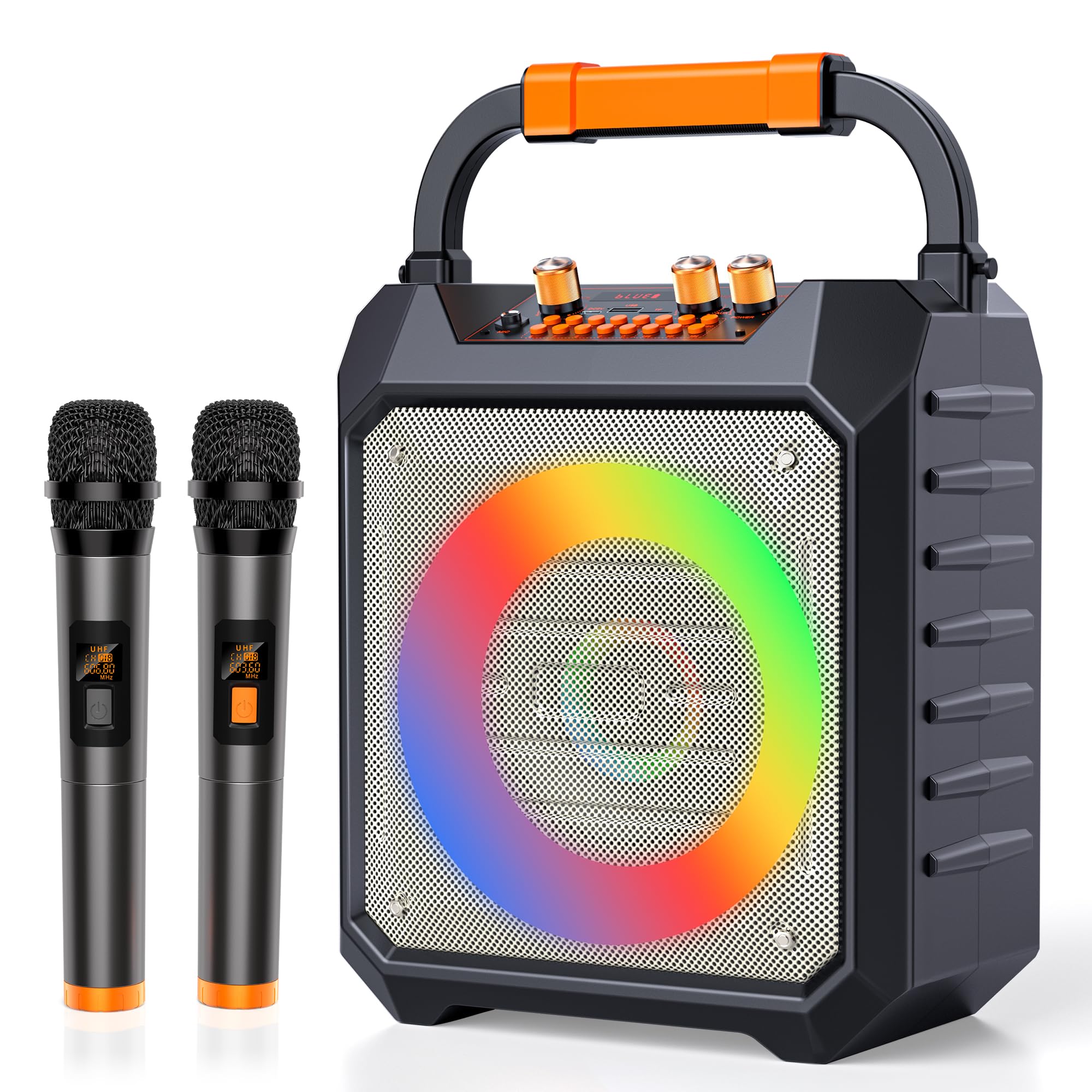 JUNGLE MONSTER Karaoke Machine, 30W Karaoke Machine for Adults, Portable Karaoke Machine with 2 Wireless Microphones, LED Lights Speaker with Microphone, Supports TF/SD/USB, AUX in, FM, REC for Party