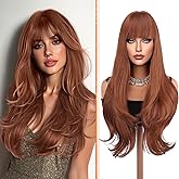 Haloo Auburn Wigs with Bangs - Long Layered Natural Looking Synthetic Heat Resistant Wavy Hair Wigs for Women Daily Party, 26 Inch