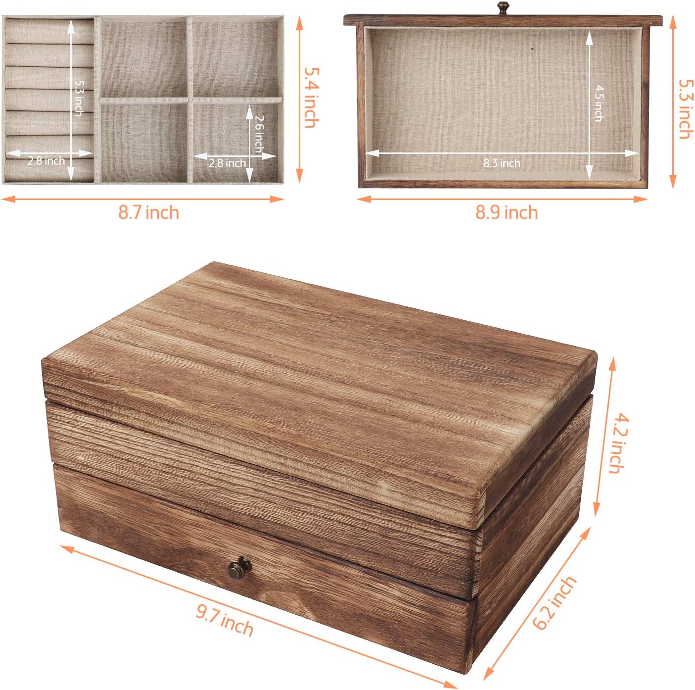 Meangood Jewelry Organizer Box Two-Layer, Jewelry case for Women, Wood Display Case with Mirror&Ring Tray, Vintage Style Torched Wood: Home Improvement