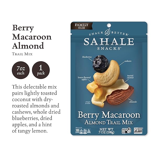 SAHALE SNACKS BERRY MACAROON ALMOND TRAIL MIX, 7 OZ POUCHES (1 PACK) – DRY-ROASTED DELUXE MIXED NUTS – COCONUT, BLUEBERRIES & APPLES – NON-GMO, KOSHER TRAIL MIX & CERTIFIED GLUTEN-FREE SNACKS