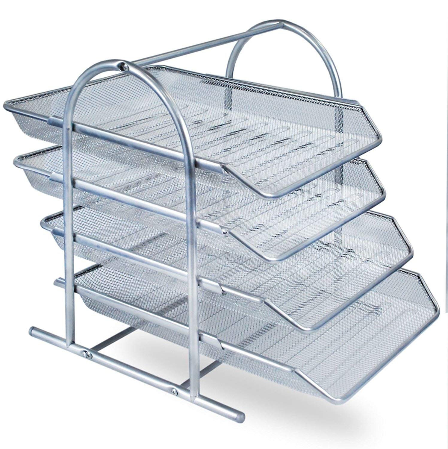 KAV Mesh Desk Organizer - 4 Tier Letter Tray for Office and Home, Space-Saving Document Storage, Front-Loading Pull Out Trays - Sturdy Steel Mesh Construction, Easy Assembly, Stylish Organize (Silver)