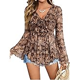 Verdusa Women's 70s Outfits Western Going Out Tops Paisley Boho Mesh Peplum V Neck Long Sleeve Blouse