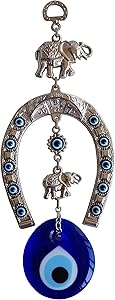 Erbulus Turkish Silver Horse Shoe Blue Evil Eye Wall Hanging Ornament with Elephant - Turkish Nazar Bead Amulet &ndash; Home Protection and Good Luck Charm Gift in a Box