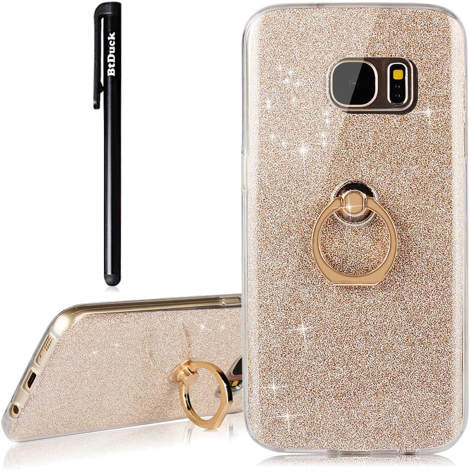 BtDuck Samsung Galaxy S7 Case Glitter Soft TPU Silicone Case Finger Grip Ring Stand Holder Phone Protector Shiny Bling Case Clear View Crystal Cover Cute Gold for Girls Luxury