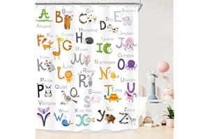 Riyidecor ABC Learning Alphabet Shower Curtain for Bathroom Decor 60Wx72H Baby Kids Cartoon Animals Educational Nursery Funny Teaching Words Printed Fabric Polyester Waterproof 12 Pack Plastic Hooks