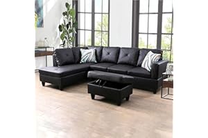 LOPOO Seater 66" Chaise Lounge & 28" Storage Ottoman, Modular Upholstered Corner Sofas with Left Armrest for Living Room, Faux Leather L-Shape Sectional Couches Set, Black + 3 Piece