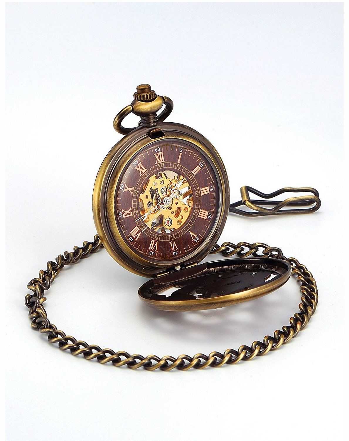 Carrie Hughes Antique Mechanical Pocket Watches for Men Lucky Dragon Phoenix Skeleton Roman Numberals with Chain and Box CH223