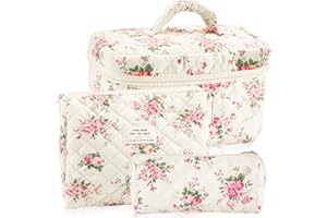 URSKYTOUS 3Pcs Cotton Quilted Makeup Bag for Women Girls Large Small Travel Pink Floral Cosmetic Bags Set Cute Coquette Makeup Pouch for Purse Aesthetic Cloth Flower Storage Toiletry Bag Organizer