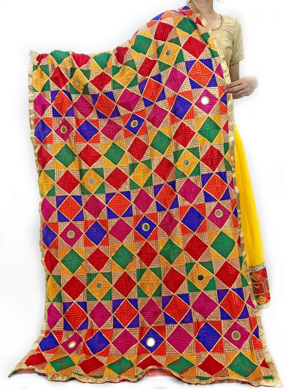 Indian Punjabi Traditional Multi Color Mirror Phulkari Dupatta for Women/Scarf/Decor/Gift/Shawl/Wrap