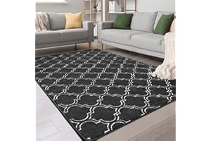 Chicrug Shag Geometric Modern Area Rug for Bedroom, 6x9 Feet Memory Foam Indoor Carpet, Fluffy Rug for Living Room Bedside Room Decor for Family Girls Kids Nursery Play Mat, Dark Grey/White