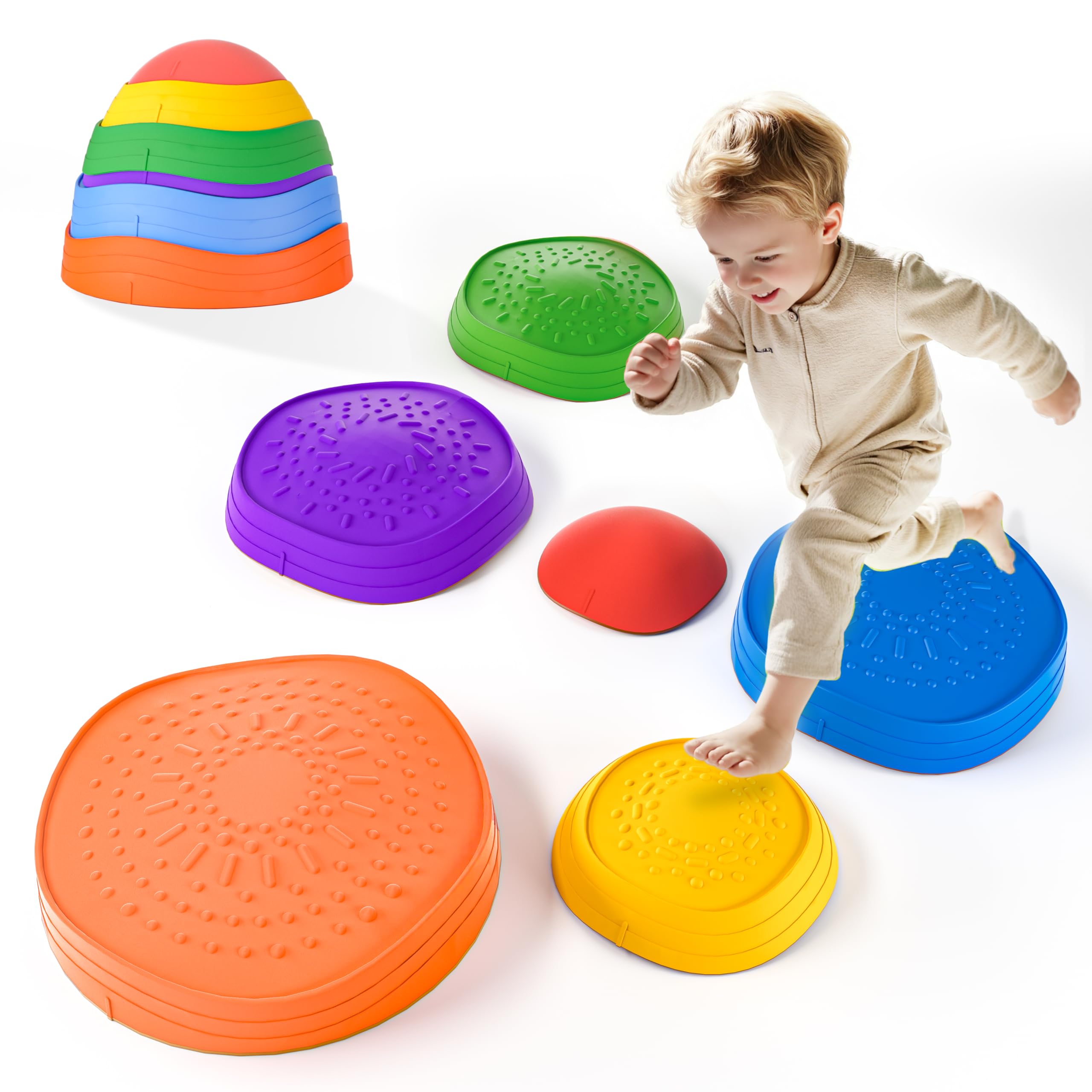 Photo 1 of Oranmew Stepping Stones for Kids – Toddler Stepping Stones for Balance and Sensory Play, Non-Slip Indoor and Outdoor Balance Toys for Boys and Girls Age 3+, Stackable 6 Pcs Set