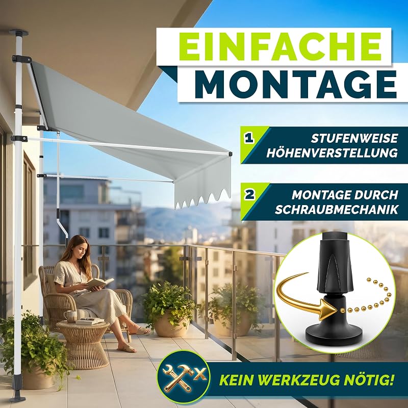Klemmmarkise 250cm breit mit Handkurbel | Balkonmarkise ohne Bohren