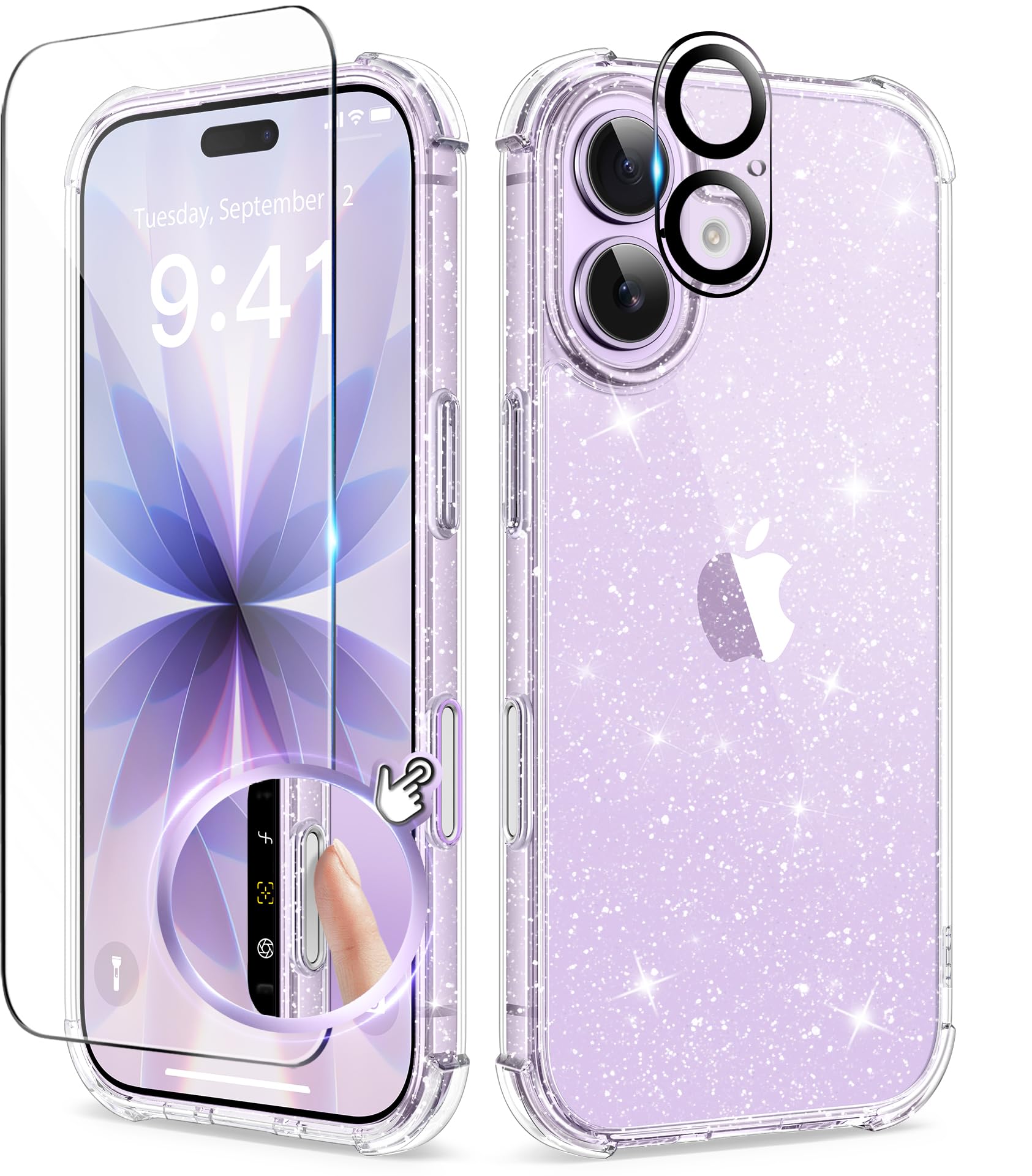 Photo 1 of BERFY for iPhone 17 Case for Women, Clear Glitter Shockproof Protective Case, Anti-Yellowing, with Screen Protector & Camera Lens Protector 6.3", Sparkle Clear