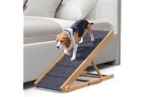 PATHOSIO PETS PATHOSIO Dog Ramp for Bed Portable Dog Ramp for Couch, Folding Dog Ramp for All Breeds Real Wooden Ramp for Dogs To Get on Bed, Adjustable Large Dog Bed Ramp (Natural Wood - Grey Carpet, Medium-large)