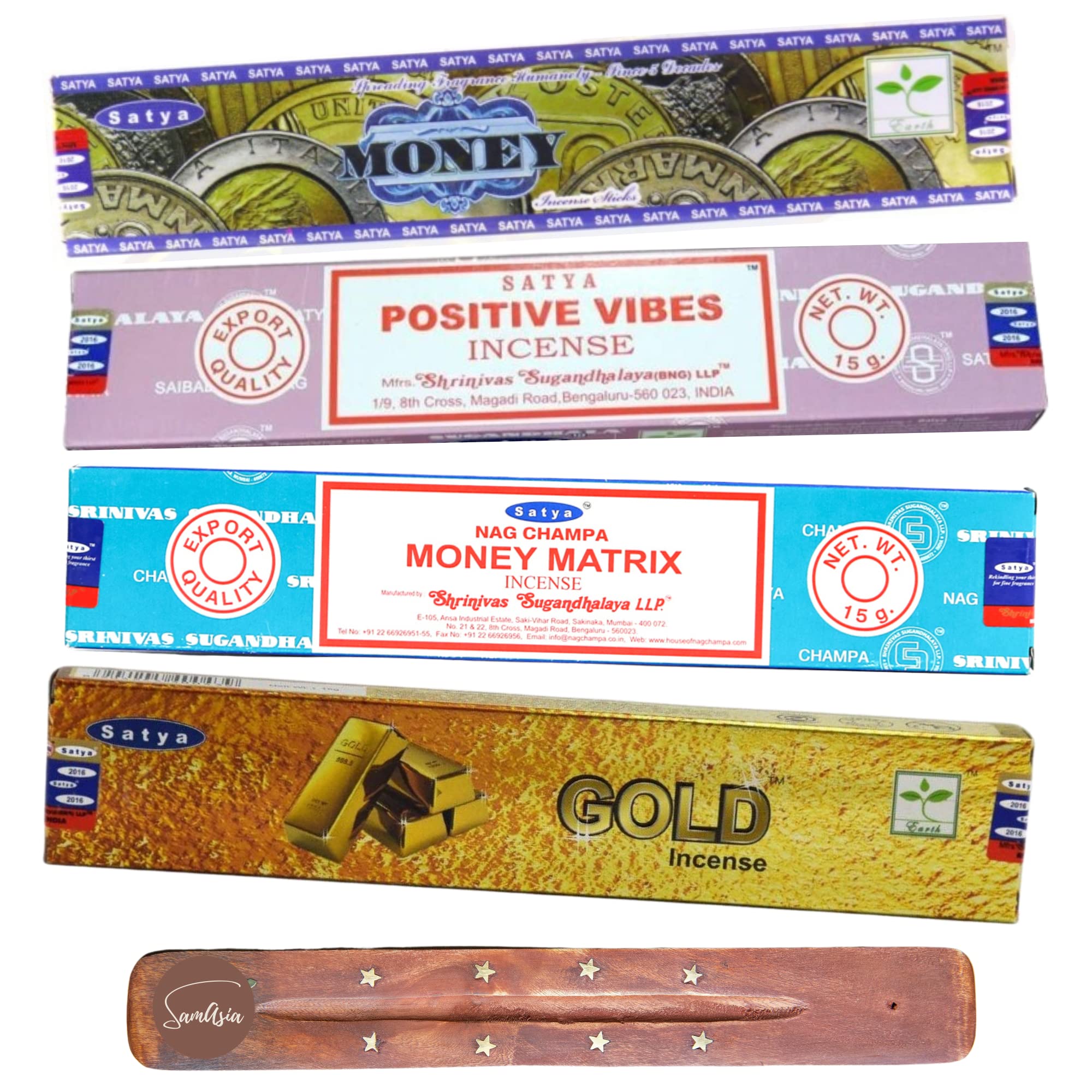 Satya Nag Champa Incense Sticks - 4 unique and premium flavours - Gold, Money, Positive Vibes, Money Matrix and comes with SAMASIA incense holder