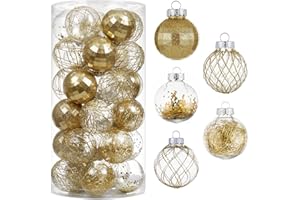CristBest 30ct Christmas Ball Ornaments-60mm/2.36" Shatterproof Clear Plastic Xmas Balls Baubles Set with Stuffed Delicate Sparkling, Hanging Christmas Tree Decorations (Gold)
