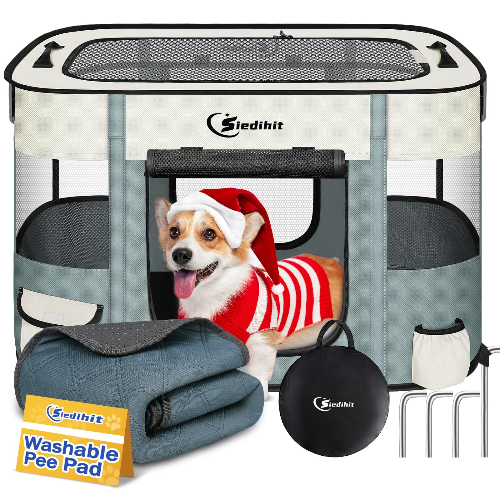 Photo 1 of Dog Playpen,Cat Pet Puppy Pen,Portable Playpens for Dogs Indoor Outdoor Travel Camping Use,Foldable Dog Kennel Tent Crate for Rabbit Small Animals with Carrying Case (Grey with Pad, Small)