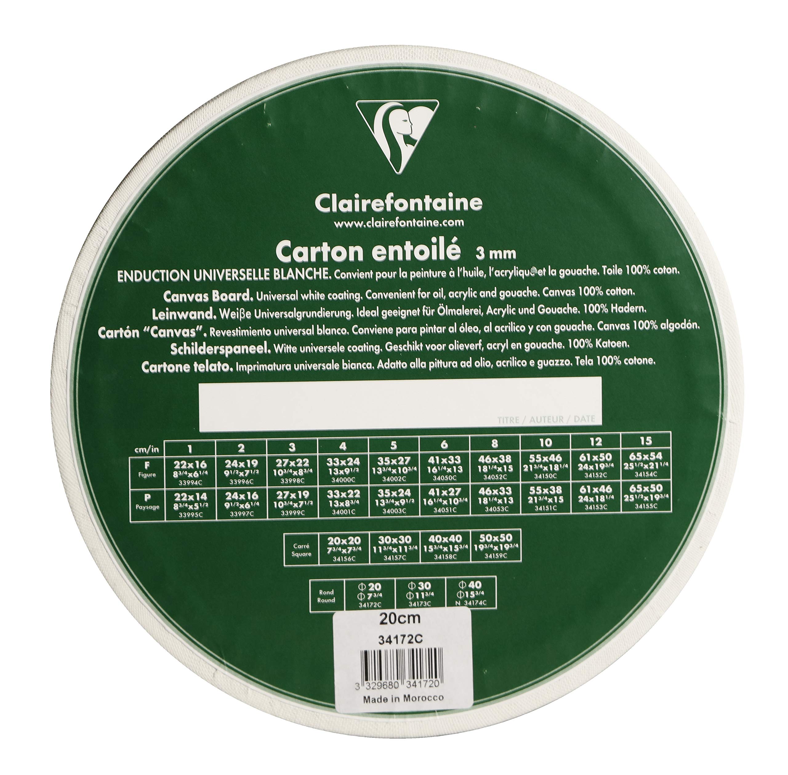 Clairefontaine - Ref 34172C - White Canvas Board (Round) - 20 x 20cm - 3mm Thick, Made from 100% Cotton, Suitable for Oil & Acrylic Paints, Acid Free Surface