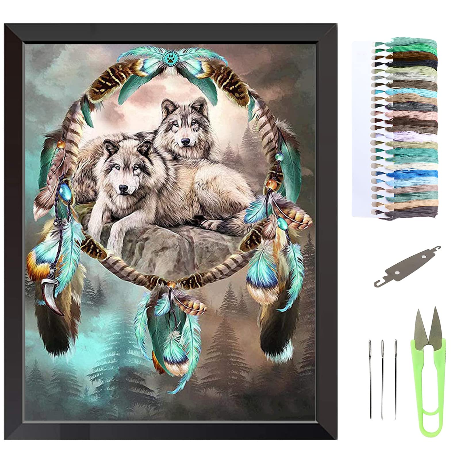 VEGCOO Embroidery Cross Stitch Kits for Adults Beginners, Wolves Pre Printed Embroidery Cross Stitch Kit 11CT Needlework Kit DIY Artwork for Adults Home Decor or Gifts (Wolves, 30 × 40 cm)