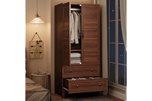 GarveeHome Armoire Wardrobe Closet with 2 Drawers,72 in Wooden Wardrobe Cabinet with Hanging Rod, Tall Clothing Armoire Cabinet with Doors and 18 Adjustable Shelves for Bedroom, Clothes,Walunt Brown
