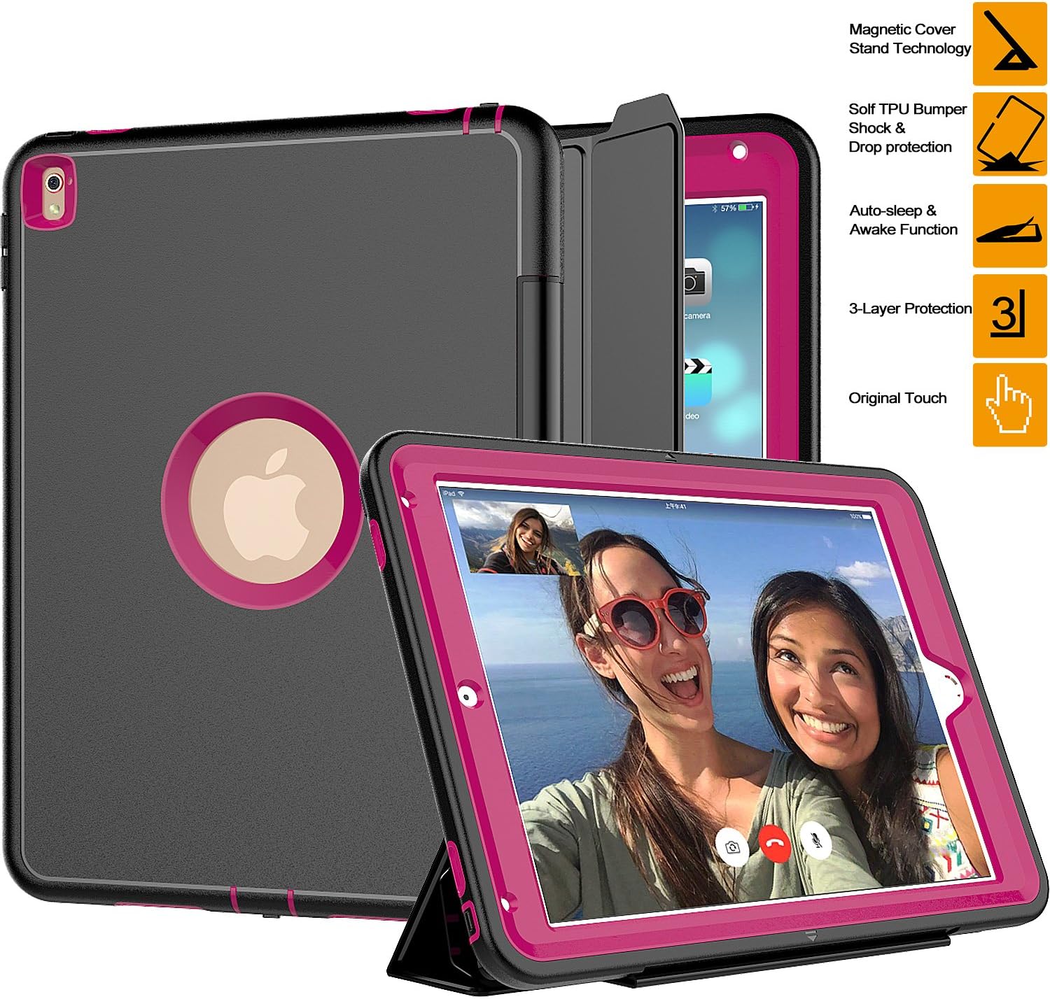 iPad Pro 9.7 inch Case, SAYMAC Three Layer Shockproof Rugged Protective Heavy Duty Smart Case with Multi-Angle Holder Stand Auto Wake/Sleep Cover for iPad Pro 9.7' 2016 Release Tablet(Black/Rose)